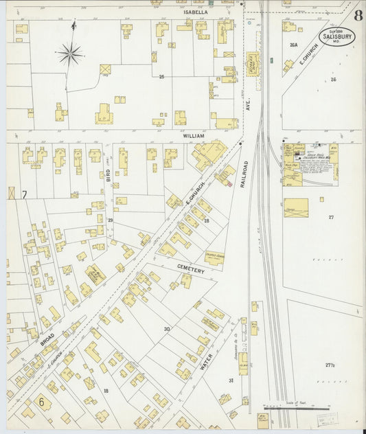 Sanborn Fire Insurance Map from Salisbury, Wicomico County, Maryland (1899), Sheet #0008 - Historic Sanborn Fire Insurance Map Print, vintage old map wall art, antique decor, genealogy gift, Maryland Maryland map