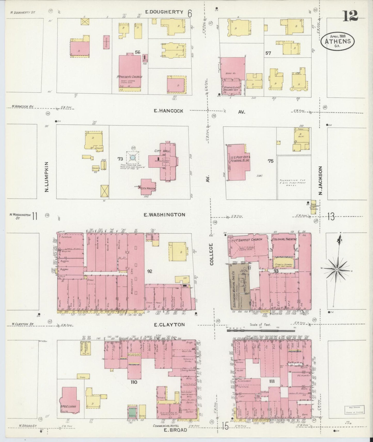 Sanborn Fire Insurance Map from Athens, Clarke County, Georgia (1908), Sheet #0012 - Historic Sanborn Fire Insurance Map Print, vintage old map wall art, antique decor, genealogy gift, Georgia Georgia map