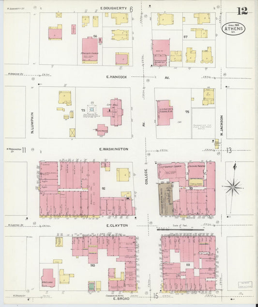 Sanborn Fire Insurance Map from Athens, Clarke County, Georgia (1908), Sheet #0012 - Historic Sanborn Fire Insurance Map Print, vintage old map wall art, antique decor, genealogy gift, Georgia Georgia map