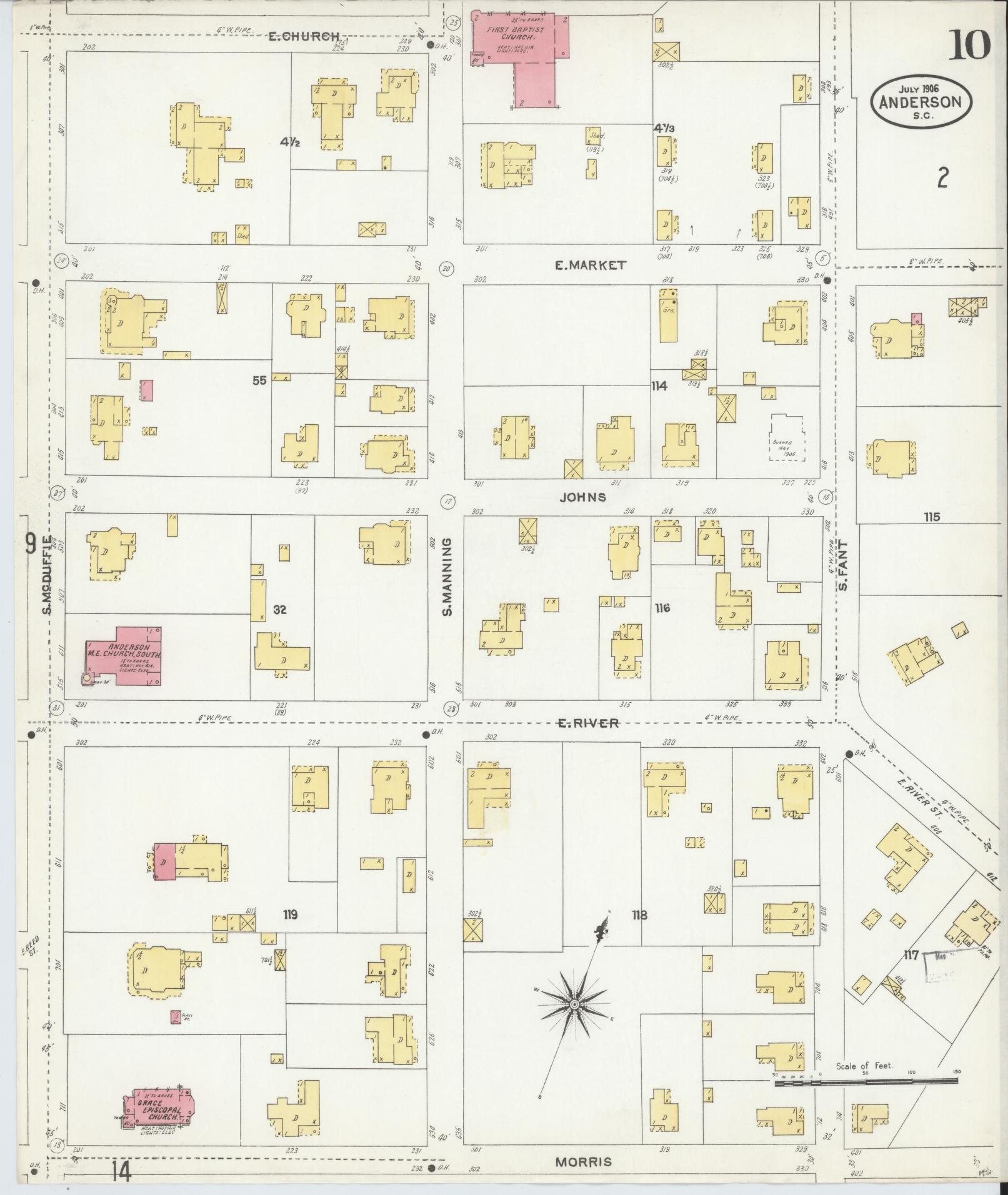 Sanborn Fire Insurance Map from Anderson, Anderson County, South Carolina (1906), Sheet #0010 - Historic Sanborn Fire Insurance Map Print, vintage old map wall art, antique decor, genealogy gift, South Carolina South Carolina map
