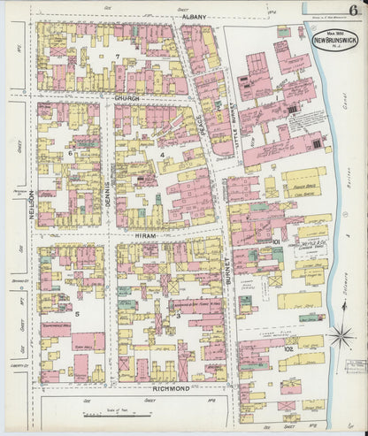 Sanborn Fire Insurance Map from New Brunswick, Middlesex County, New Jersey (1892), Sheet #0006 - Historic Sanborn Fire Insurance Map Print, vintage old map wall art, antique decor, genealogy gift, New Jersey New Jersey map
