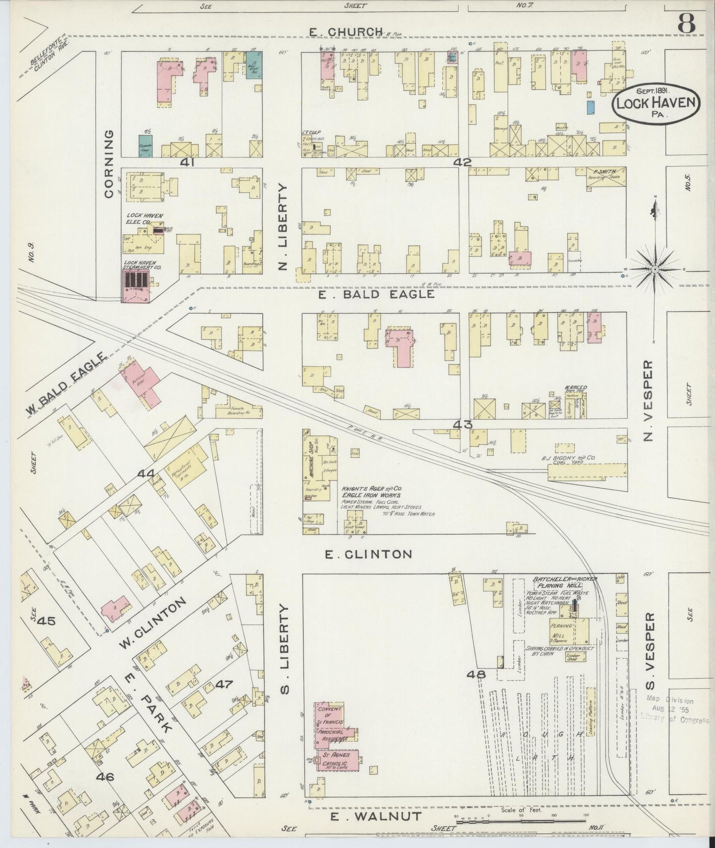 Sanborn Fire Insurance Map from Lock Haven, Clinton County, Pennsylvania (1891), Sheet #0008 - Historic Sanborn Fire Insurance Map Print, vintage old map wall art, antique decor, genealogy gift, Pennsylvania Pennsylvania map