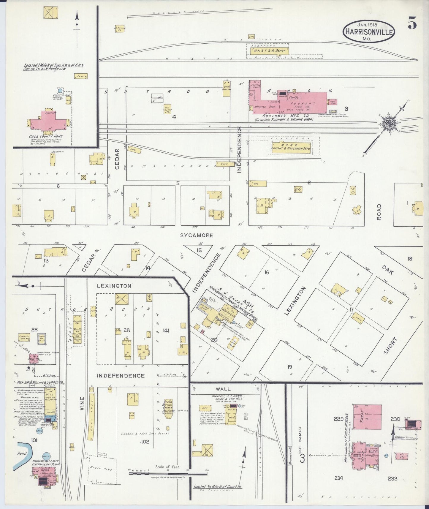 Sanborn Fire Insurance Map from Harrisonville, Cass County, Missouri (1918), Sheet #0005 - Historic Sanborn Fire Insurance Map Print, vintage old map wall art, antique decor, genealogy gift, Missouri Missouri map