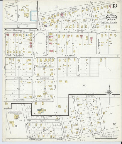 Sanborn Fire Insurance Map from Wauseon, Fulton County, Ohio (1916), Sheet #0013 - Historic Sanborn Fire Insurance Map Print, vintage old map wall art, antique decor, genealogy gift, Ohio Ohio map