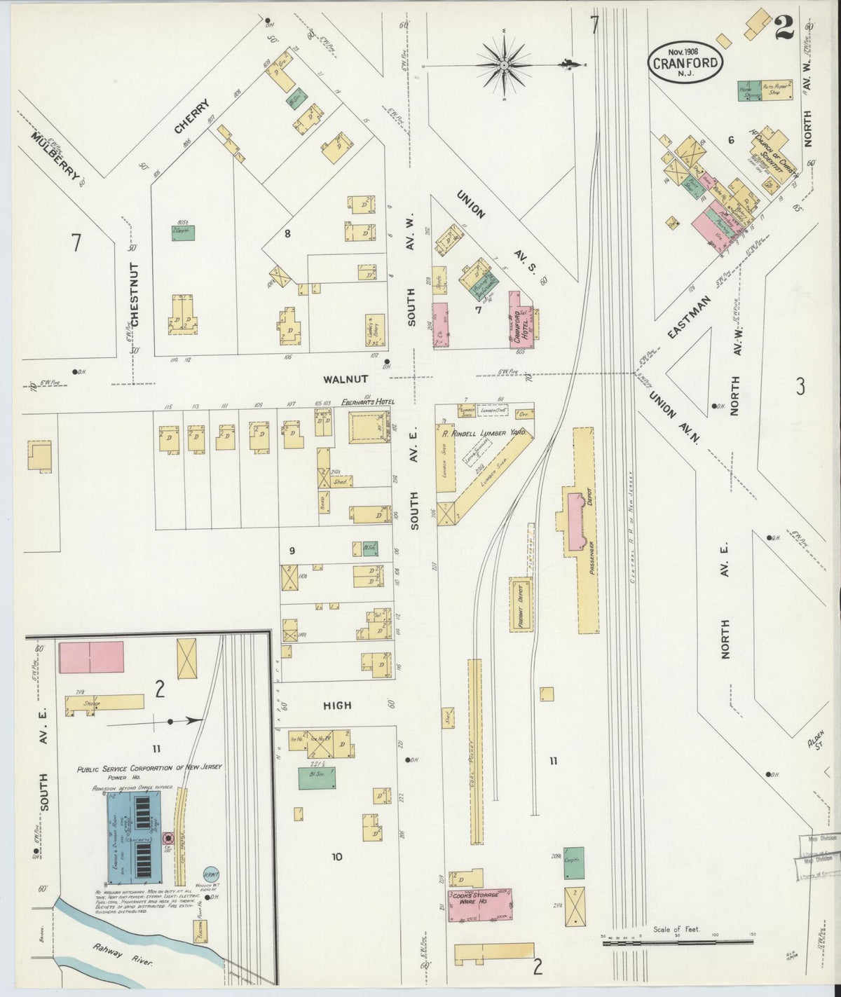 Sanborn Fire Insurance Map from Cranford, Union County, New Jersey (1908), Sheet #0002 - Complete Map Set gallery image, historic Sanborn map, vintage wall art, New Jersey New Jersey