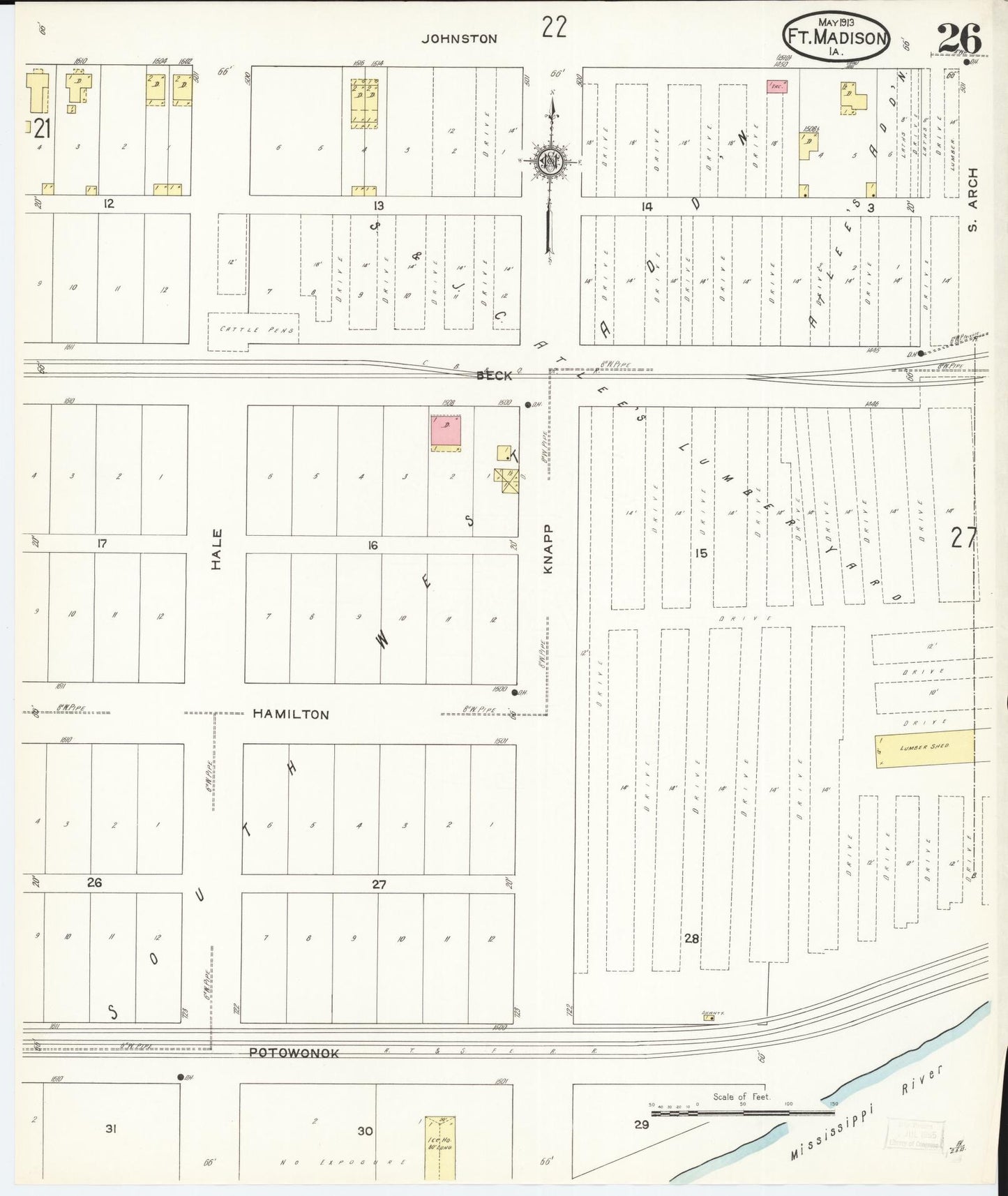 Sanborn Fire Insurance Map from Fort Madison, Lee County, Iowa (1913), Sheet #0026 - Historic Sanborn Fire Insurance Map Print, vintage old map wall art