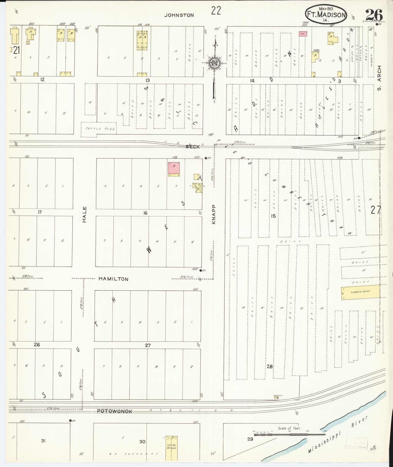 Sanborn Fire Insurance Map from Fort Madison, Lee County, Iowa (1913), Sheet #0026 - Historic Sanborn Fire Insurance Map Print, vintage old map wall art