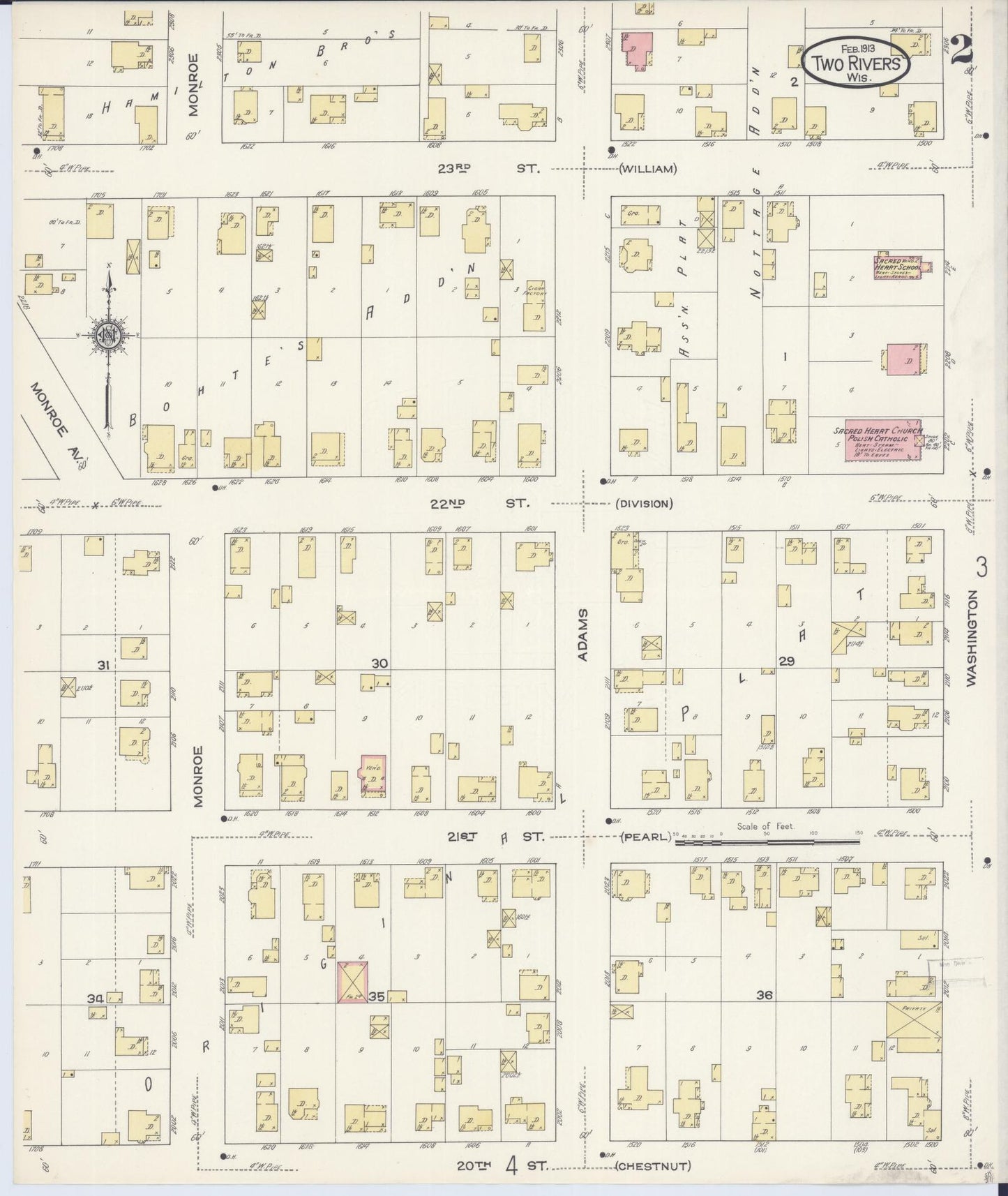 Sanborn Fire Insurance Map from Two Rivers, Manitowoc County, Wisconsin (1913), Sheet #0002 - Historic Sanborn Fire Insurance Map Print, vintage old map wall art, antique decor, genealogy gift, Wisconsin Wisconsin map