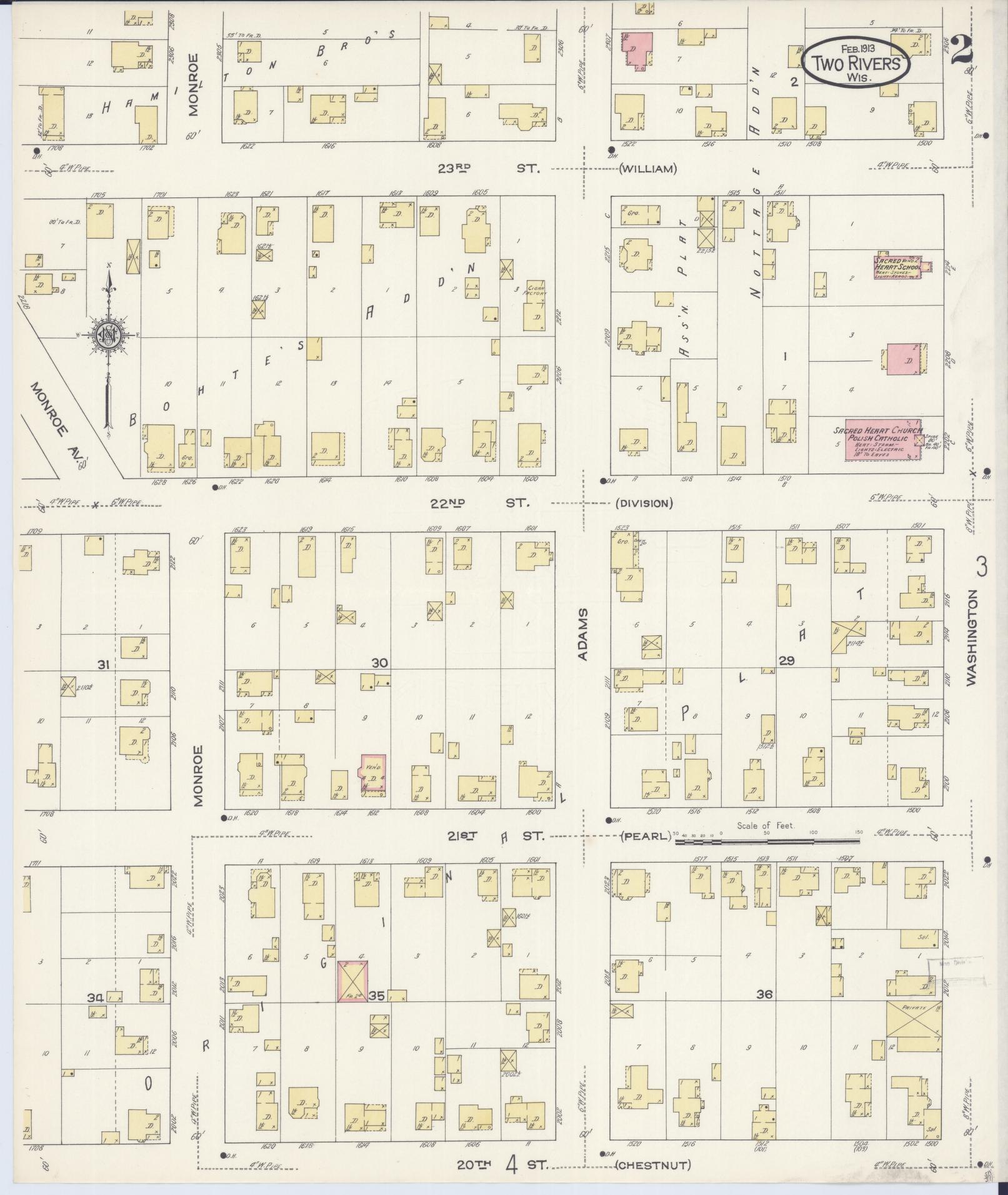 Sanborn Fire Insurance Map from Two Rivers, Manitowoc County, Wisconsin (1913), Sheet #0002 - Historic Sanborn Fire Insurance Map Print, vintage old map wall art, antique decor, genealogy gift, Wisconsin Wisconsin map