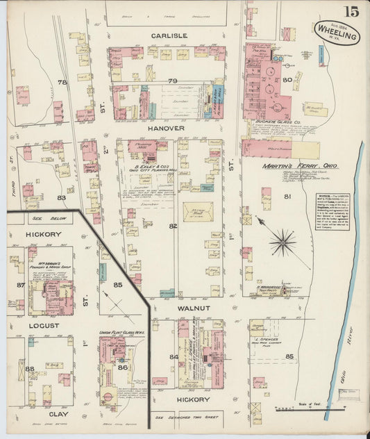 Sanborn Fire Insurance Map from Wheeling, Ohio County, West Virginia (1884), Sheet #0015 - Historic Sanborn Fire Insurance Map Print, vintage old map wall art, antique decor, genealogy gift, West Virginia West Virginia map