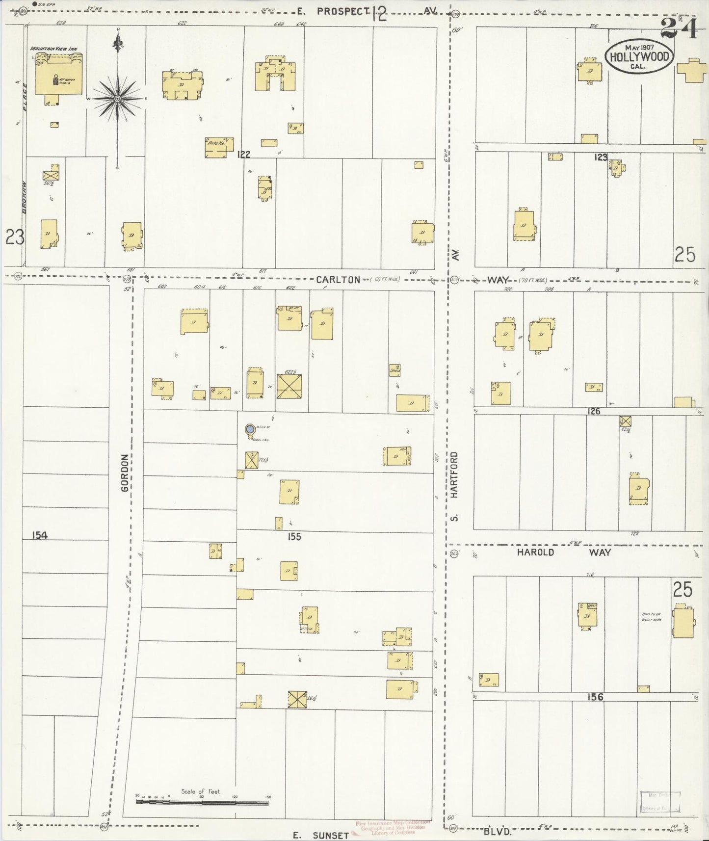 Sanborn Fire Insurance Map from Hollywood, Los Angeles County, California (1907), Sheet #0024 - Complete Map Set gallery image, historic Sanborn map, vintage wall art, California California