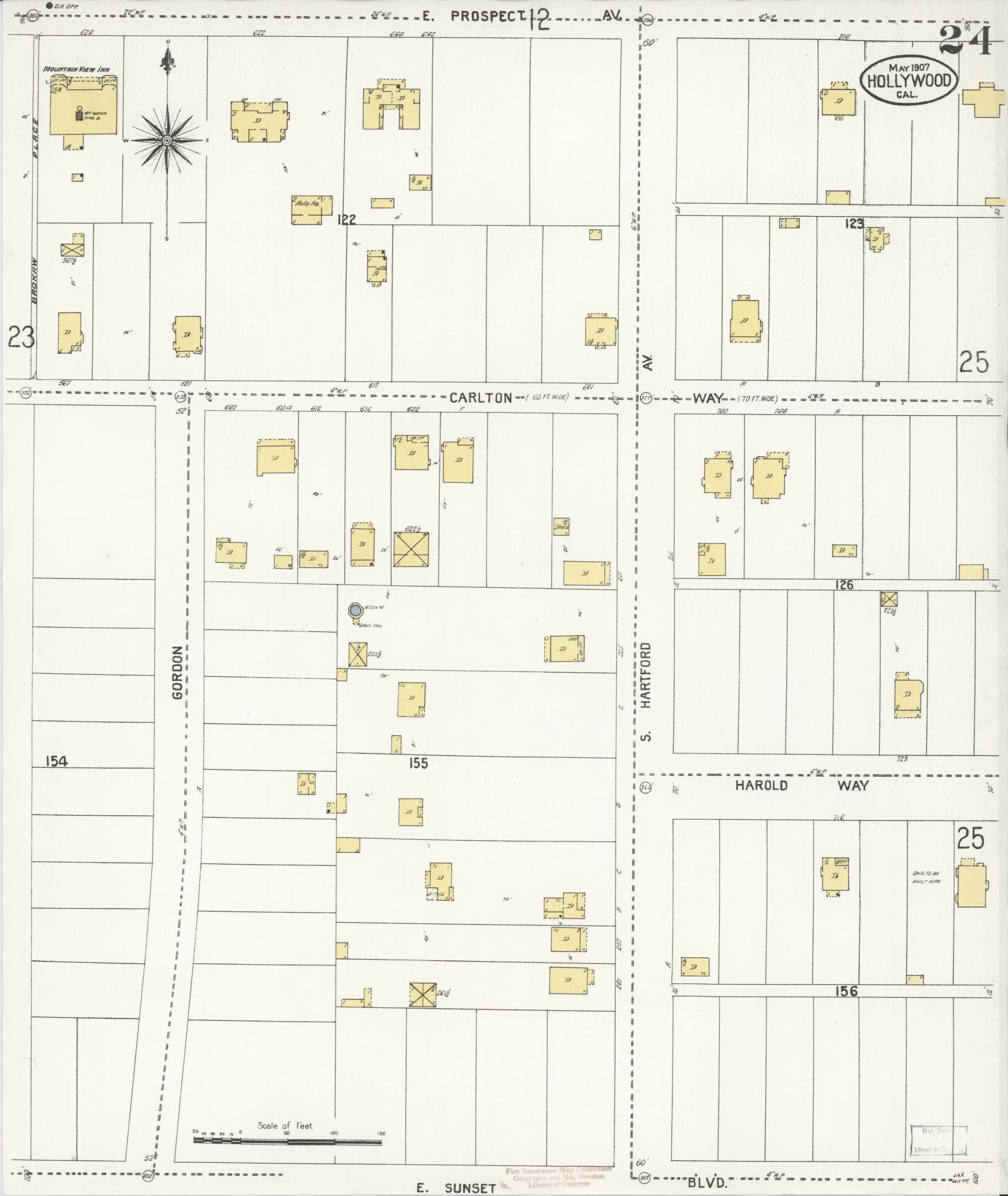 Sanborn Fire Insurance Map from Hollywood, Los Angeles County, California (1907), Sheet #0024 - Complete Map Set gallery image, historic Sanborn map, vintage wall art, California California