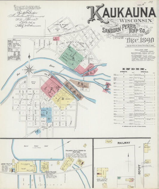 Sanborn Fire Insurance Map from Kaukauna, Outagamie County, Wisconsin (1890), Sheet #0001 - Historic Sanborn Fire Insurance Map Print, vintage old map wall art, antique decor, genealogy gift, Wisconsin Wisconsin map