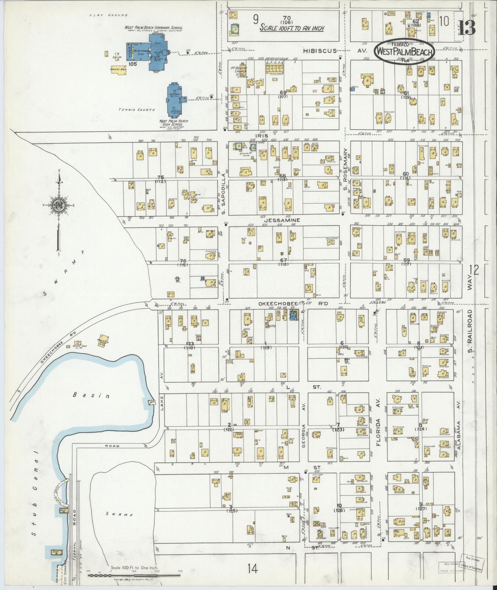 Sanborn Fire Insurance Map from West Palm Beach, Dade County, Florida (1920), Sheet #0013 - Complete Map Set gallery image, historic Sanborn map, vintage wall art, Florida Florida