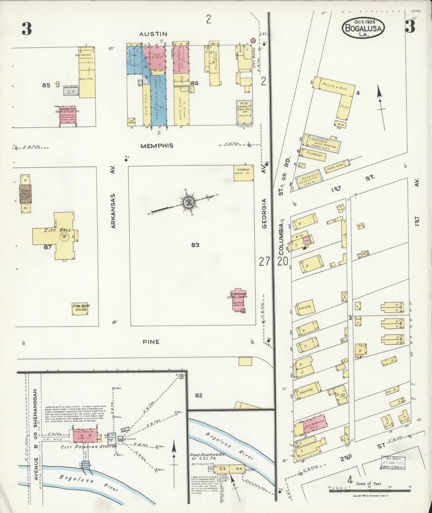 Sanborn Fire Insurance Map from Bogalusa, Washington Parish, Louisiana (1925), Sheet #0003 - Historic Sanborn Fire Insurance Map Print, vintage old map wall art, antique decor, genealogy gift, Louisiana Louisiana map