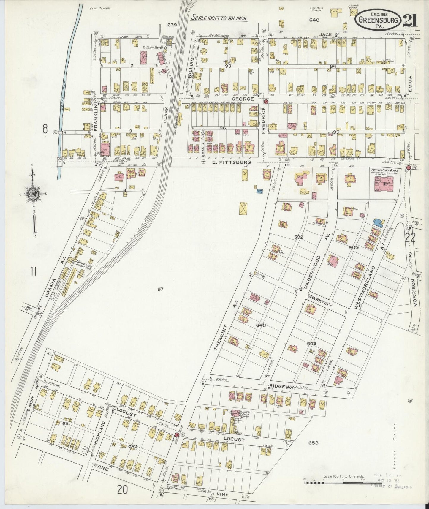 Sanborn Fire Insurance Map from Greensburg, Westmoreland County, Pennsylvania (1915), Sheet #0021 - Historic Sanborn Fire Insurance Map Print, vintage old map wall art, antique decor, genealogy gift, Pennsylvania Pennsylvania map