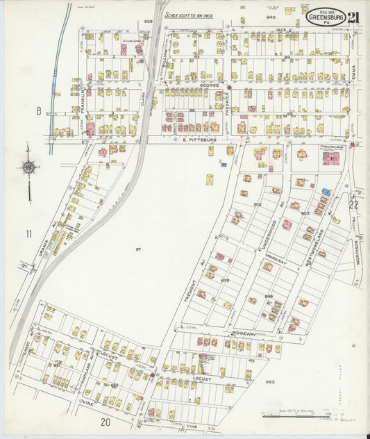Sanborn Fire Insurance Map from Greensburg, Westmoreland County, Pennsylvania (1915), Sheet #0021 - Historic Sanborn Fire Insurance Map Print, vintage old map wall art, antique decor, genealogy gift, Pennsylvania Pennsylvania map