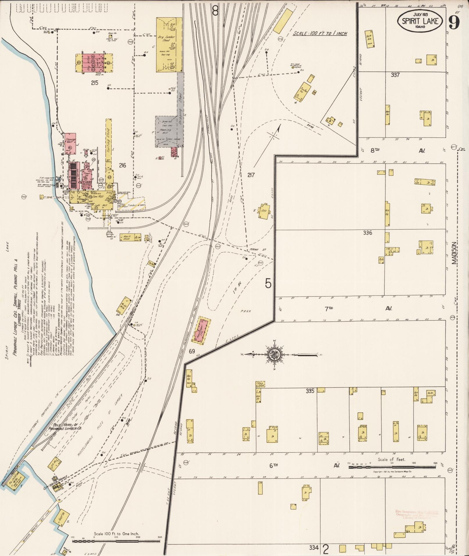 Sanborn Fire Insurance Map from Spirit Lake, Kootenai County, Idaho (1921), Sheet #0009 - Complete Map Set gallery image, historic Sanborn map, vintage wall art, Idaho Idaho