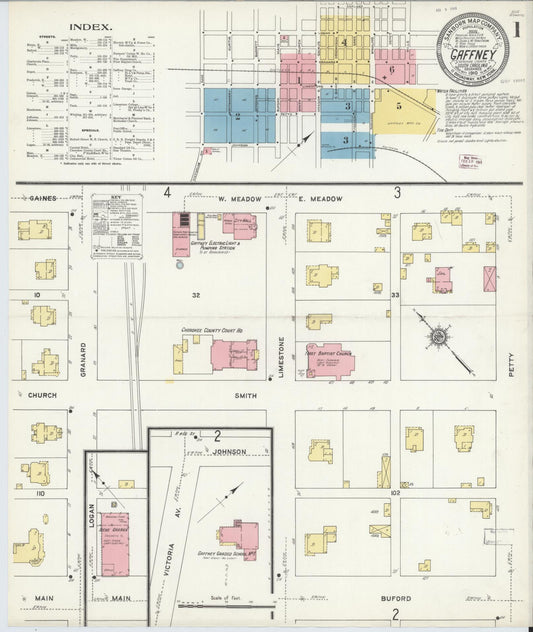 Sanborn Fire Insurance Map from Gaffney, Cherokee County, South Carolina (1910), Sheet #0001 - Complete Map Set gallery image, historic Sanborn map, vintage wall art, South Carolina South Carolina