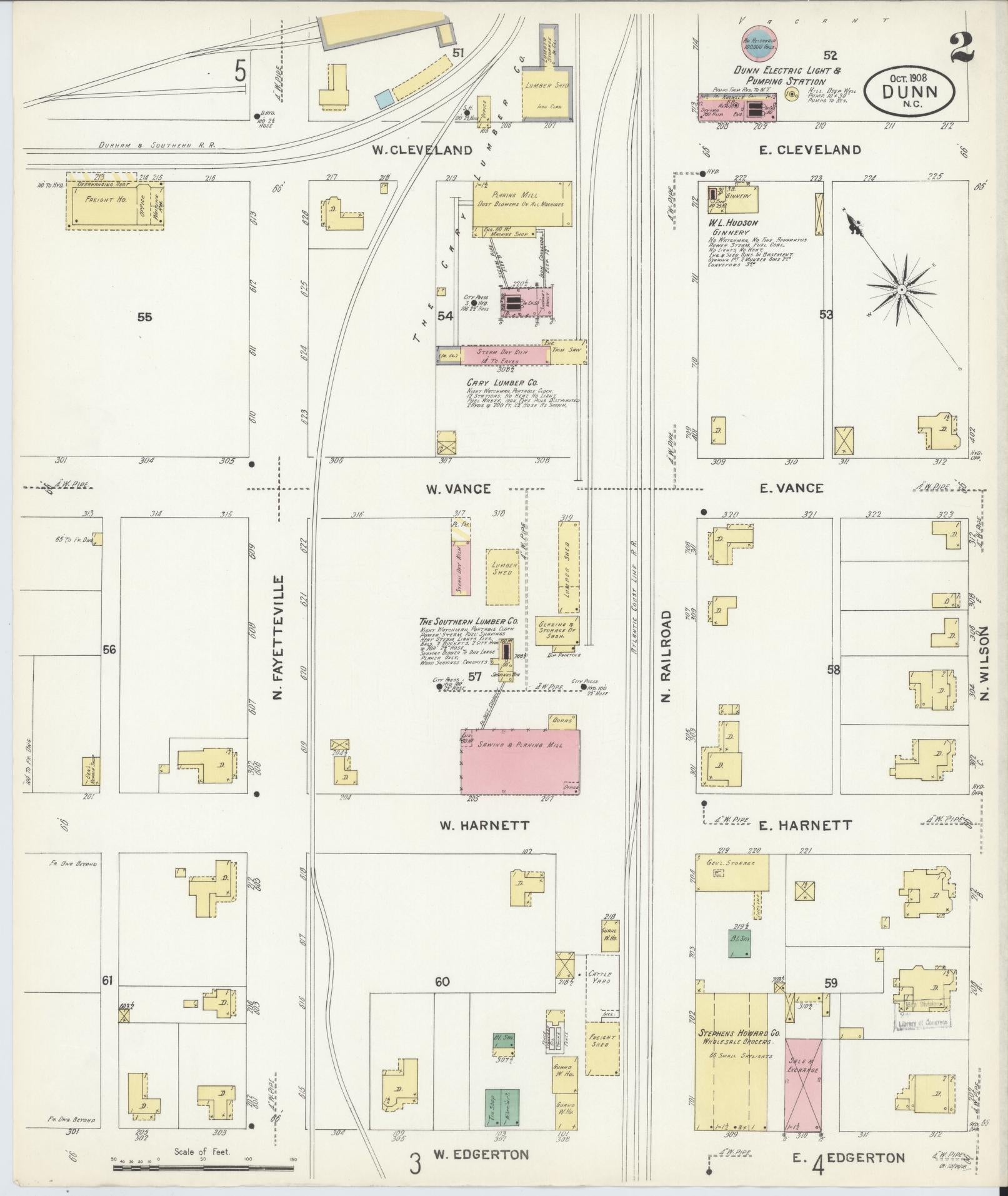 Sanborn Fire Insurance Map from Dunn, Harnett County, North Carolina (1908), Sheet #0002 - Historic Sanborn Fire Insurance Map Print, vintage old map wall art, antique decor, genealogy gift, North Carolina North Carolina map
