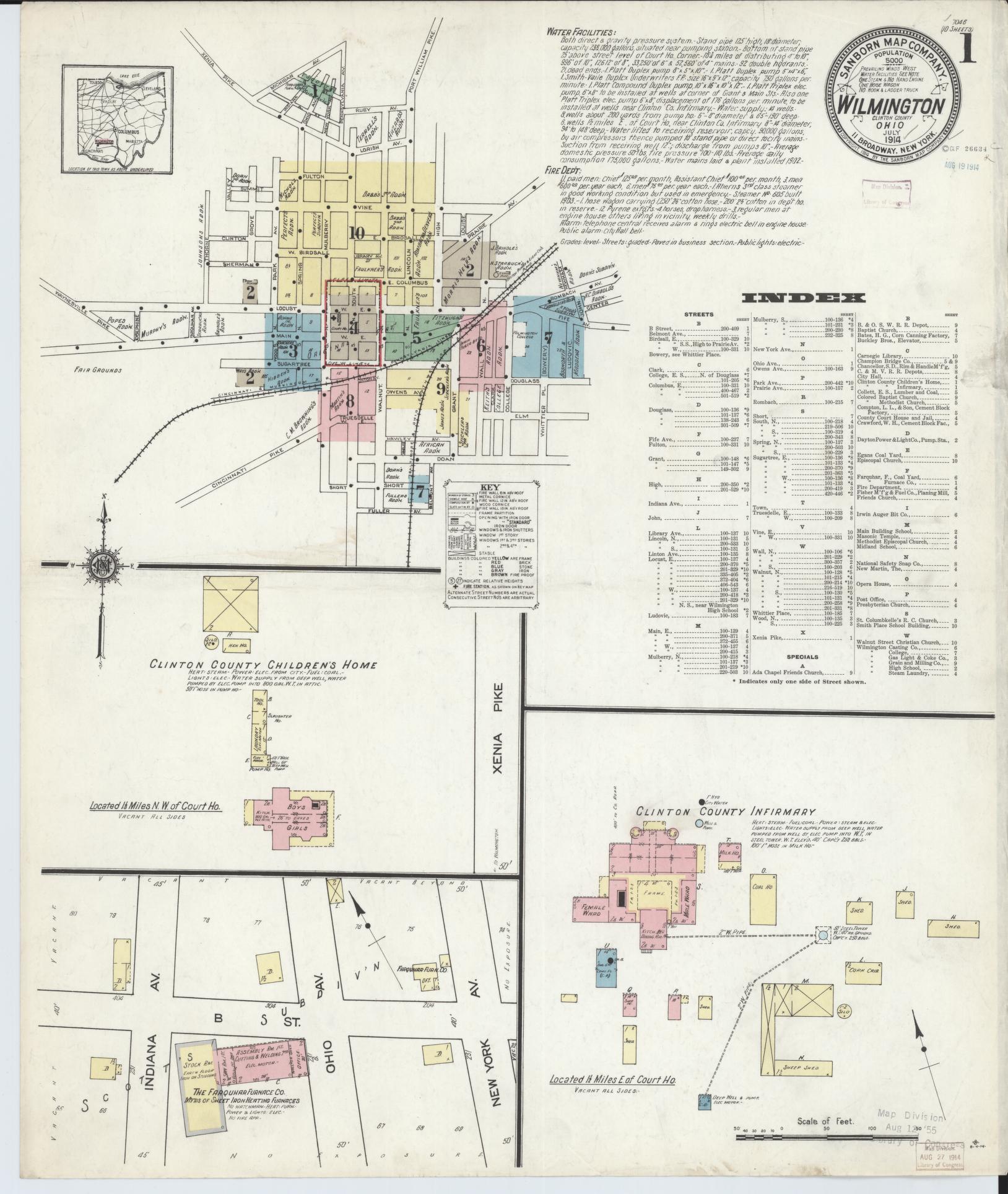 Sanborn Fire Insurance Map from Wilmington, Clinton County, Ohio (1914), Sheet #0001 - Historic Sanborn Fire Insurance Map Print, vintage old map wall art, antique decor, genealogy gift, Ohio Ohio map