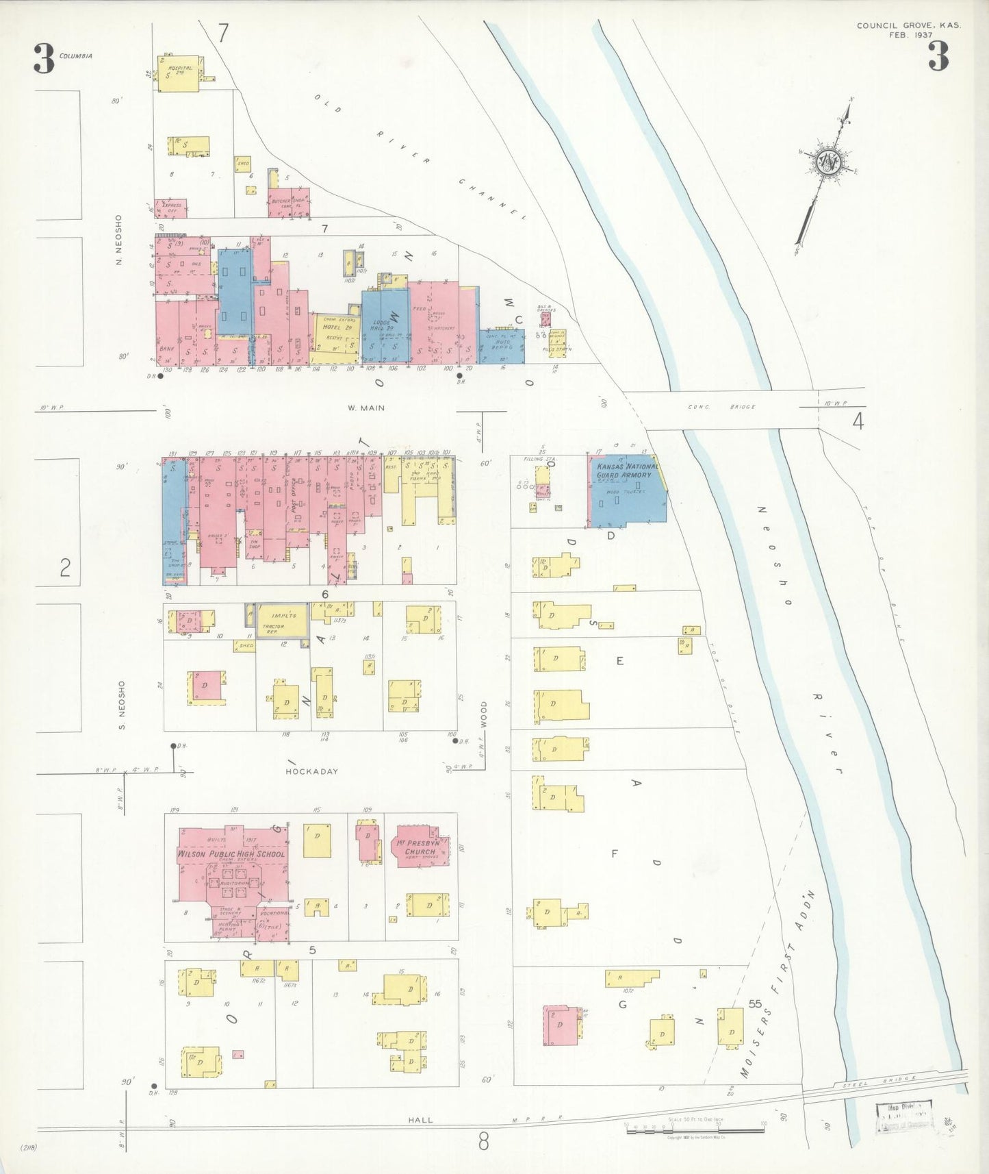 Sanborn Fire Insurance Map from Council Grove, Morris County, Kansas (1937), Sheet #0003 - Complete Map Set gallery image, historic Sanborn map, vintage wall art, Kansas Kansas
