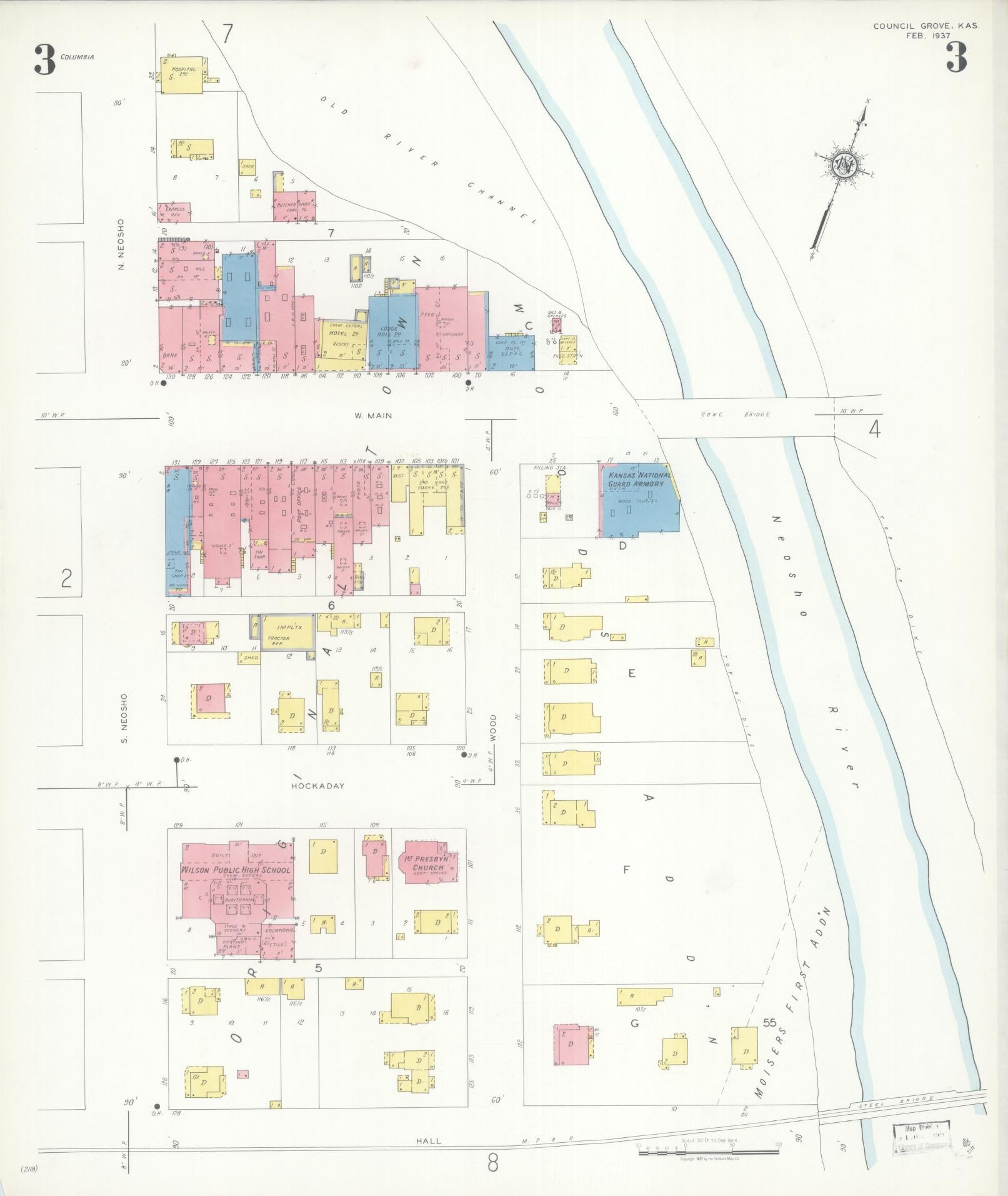 Sanborn Fire Insurance Map from Council Grove, Morris County, Kansas (1937), Sheet #0003 - Complete Map Set gallery image, historic Sanborn map, vintage wall art, Kansas Kansas