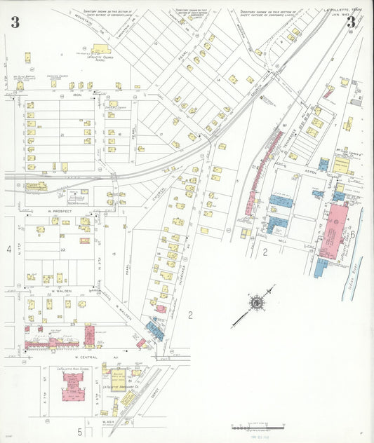 Sanborn Fire Insurance Map from La Follette, Campbell County, Tennessee (1943), Sheet #0003 - Historic Sanborn Fire Insurance Map Print, vintage old map wall art, antique decor, genealogy gift, Tennessee Tennessee map