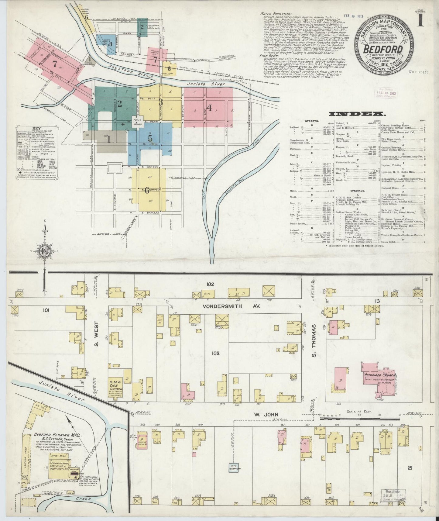 Sanborn Fire Insurance Map from Bedford, Bedford County, Pennsylvania (1912), Sheet #0001 - Historic Sanborn Fire Insurance Map Print, vintage old map wall art, antique decor, genealogy gift, Pennsylvania Pennsylvania map
