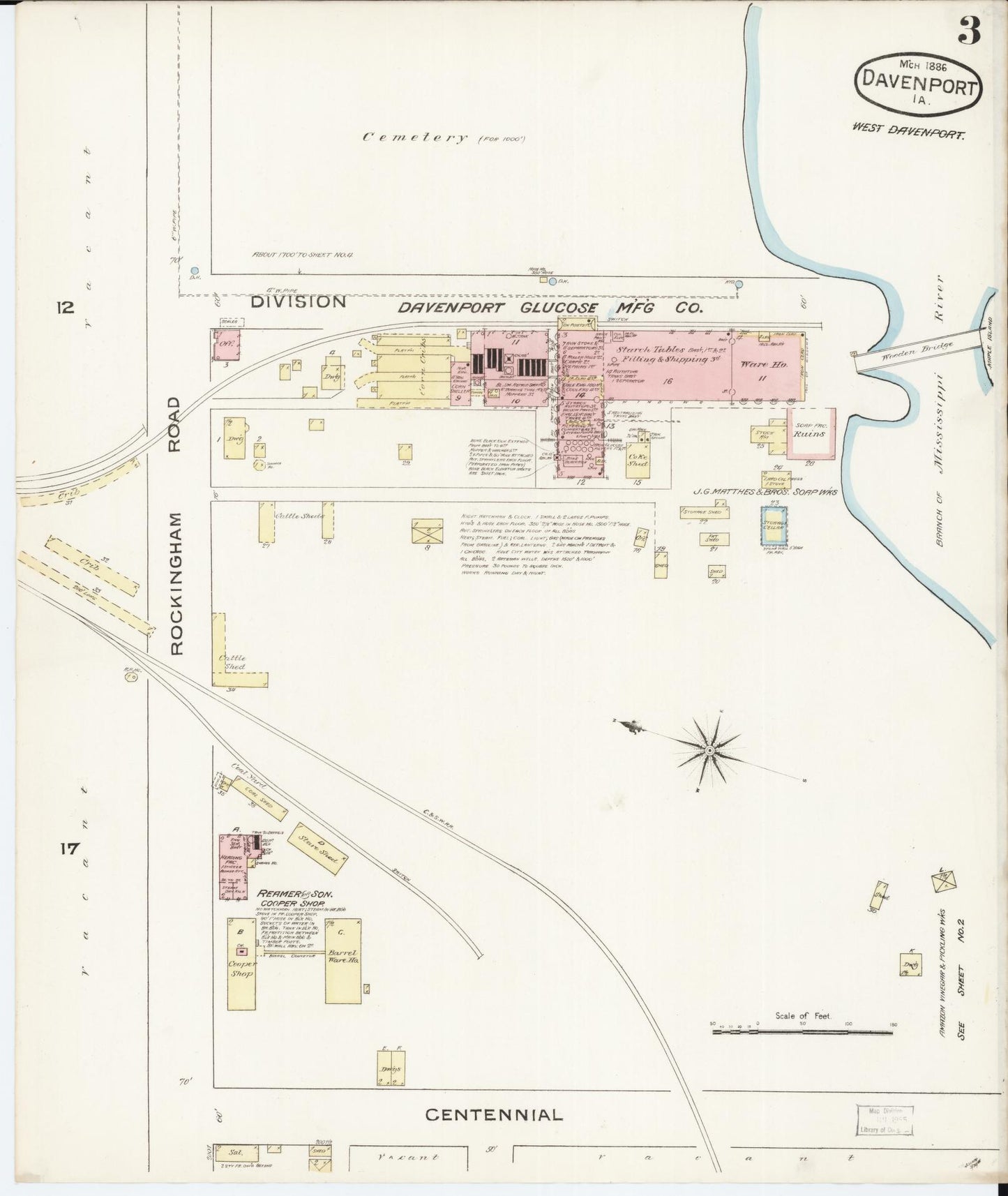 Sanborn Fire Insurance Map from Davenport, Scott County, Iowa (1886), Sheet #0003 - Historic Sanborn Fire Insurance Map Print, vintage old map wall art