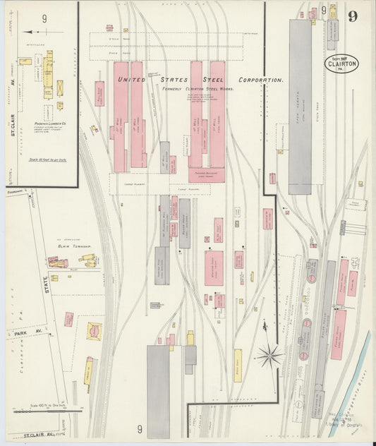 Sanborn Fire Insurance Map from Clairton, Allegheny County, Pennsylvania (1907), Sheet #0009 - Historic Sanborn Fire Insurance Map Print, vintage old map wall art, antique decor, genealogy gift, Pennsylvania Pennsylvania map