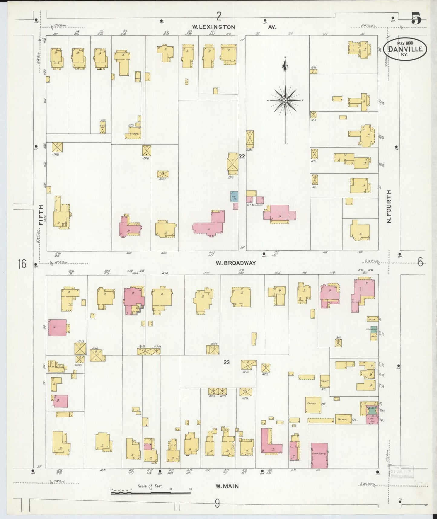 Sanborn Fire Insurance Map from Danville, Boyle County, Kentucky (1908), Sheet #0005 - Complete Map Set gallery image, historic Sanborn map, vintage wall art, Kentucky Kentucky