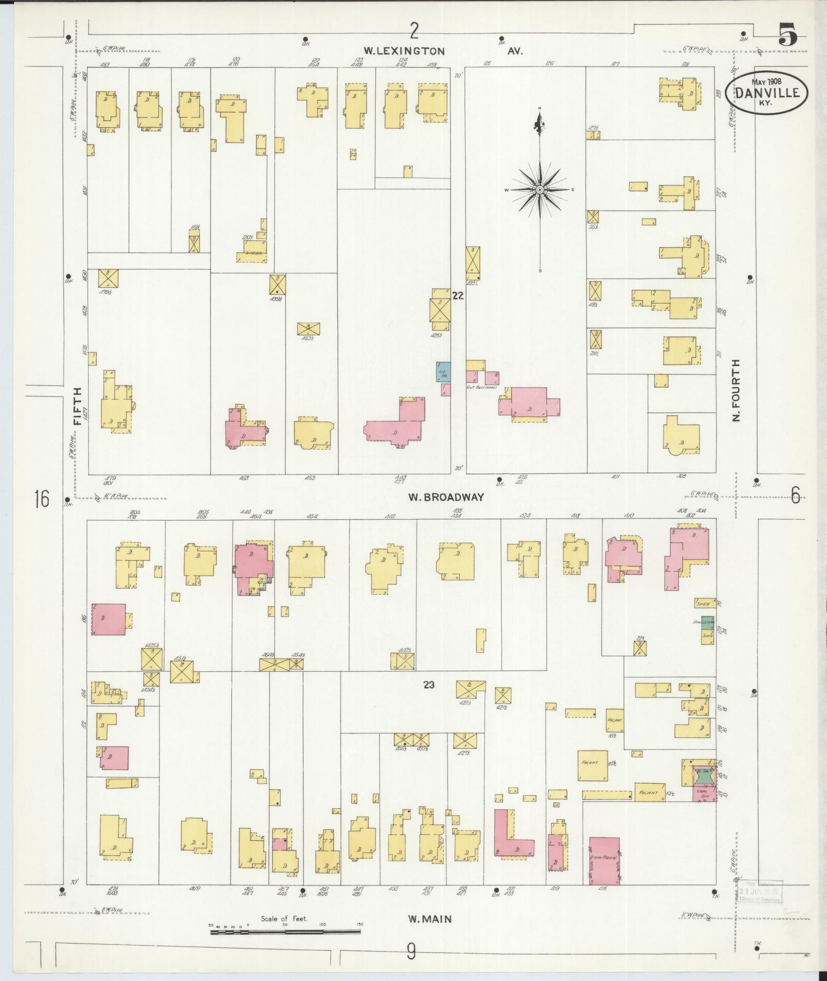Sanborn Fire Insurance Map from Danville, Boyle County, Kentucky (1908), Sheet #0005 - Complete Map Set gallery image, historic Sanborn map, vintage wall art, Kentucky Kentucky