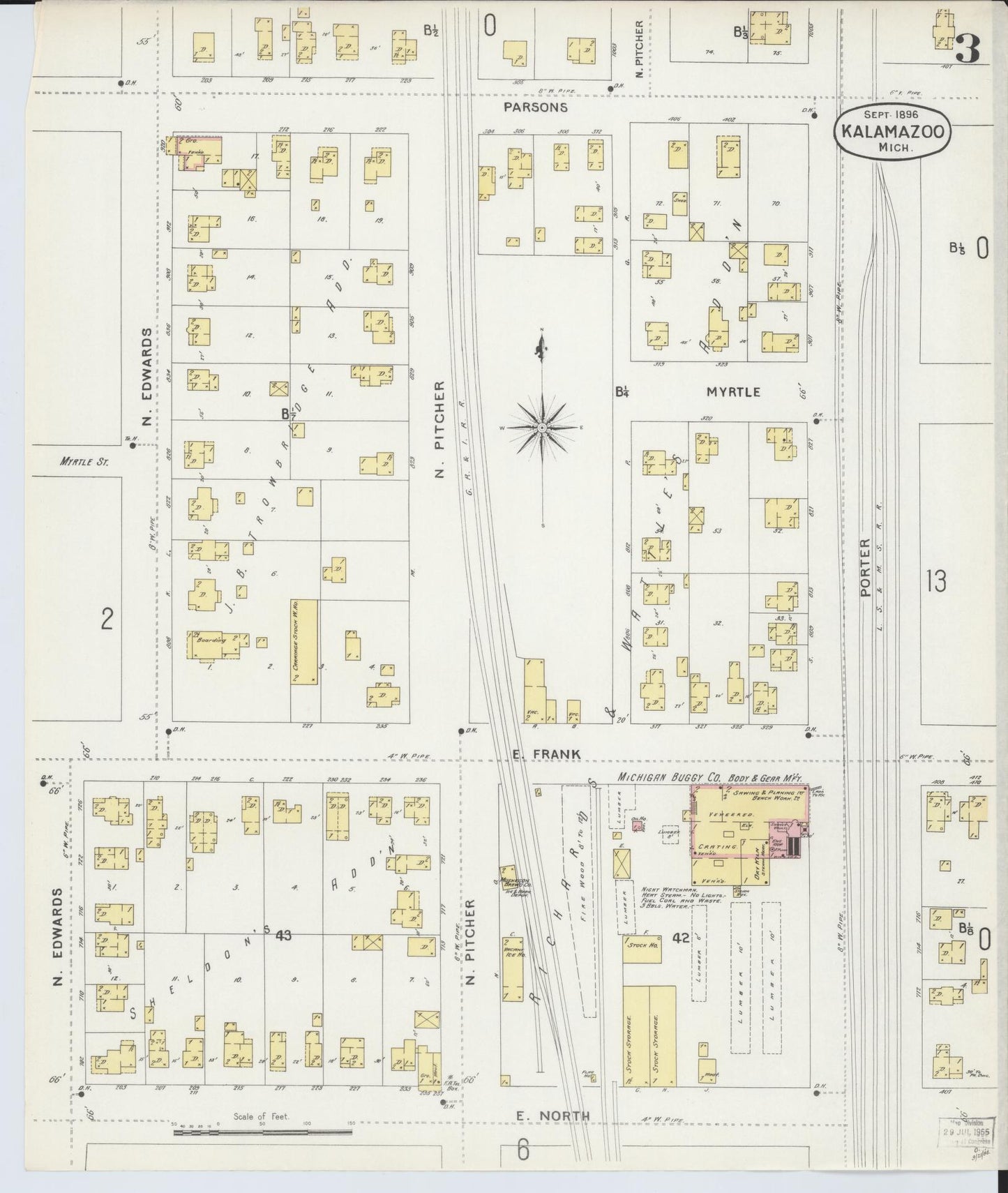 Sanborn Fire Insurance Map from Kalamazoo, Kalamazoo County, Michigan (1896), Sheet #0003 - Complete Map Set gallery image, historic Sanborn map, vintage wall art, Michigan Michigan
