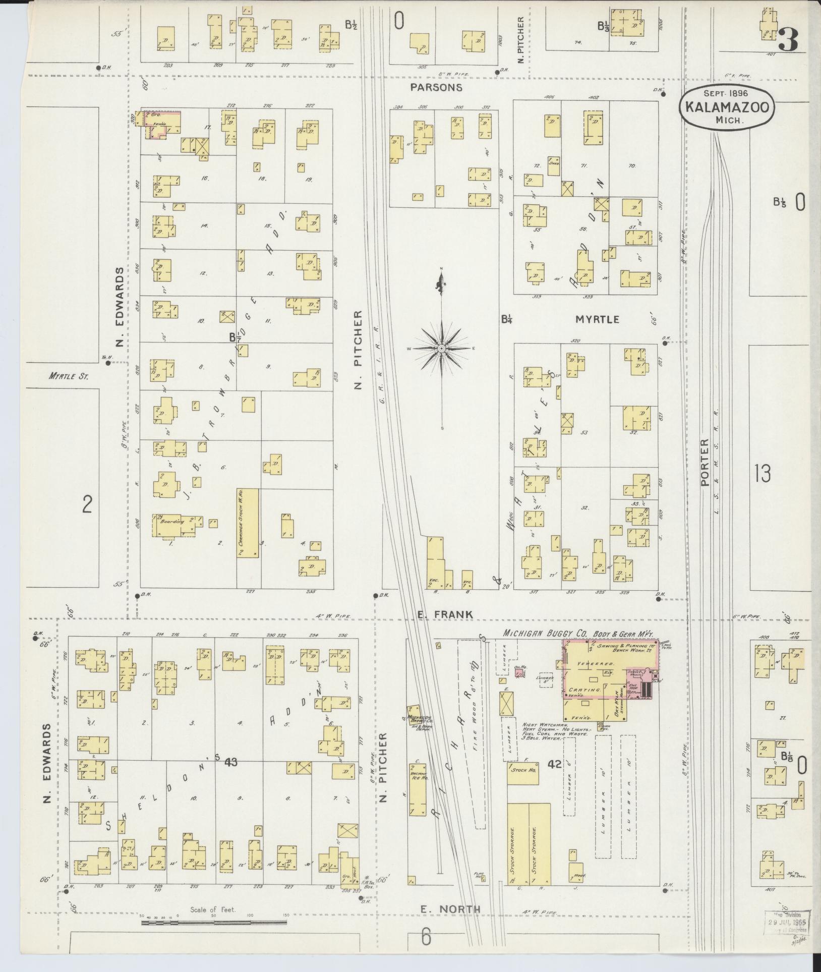 Sanborn Fire Insurance Map from Kalamazoo, Kalamazoo County, Michigan (1896), Sheet #0003 - Complete Map Set gallery image, historic Sanborn map, vintage wall art, Michigan Michigan