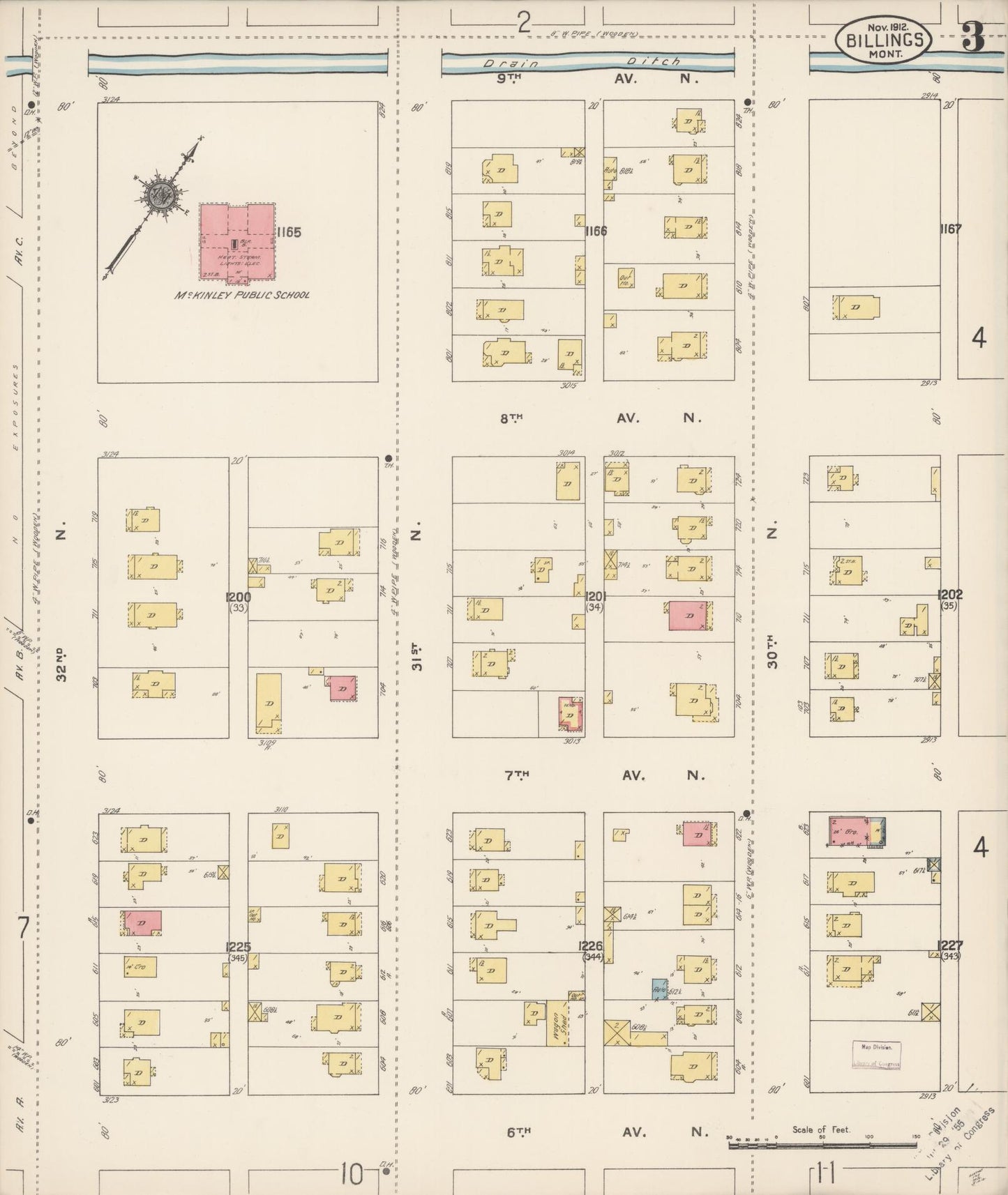 Sanborn Fire Insurance Map from Billings, Yellowstone County, Montana (1912), Sheet #0003 - Complete Map Set gallery image, historic Sanborn map, vintage wall art, Montana Montana