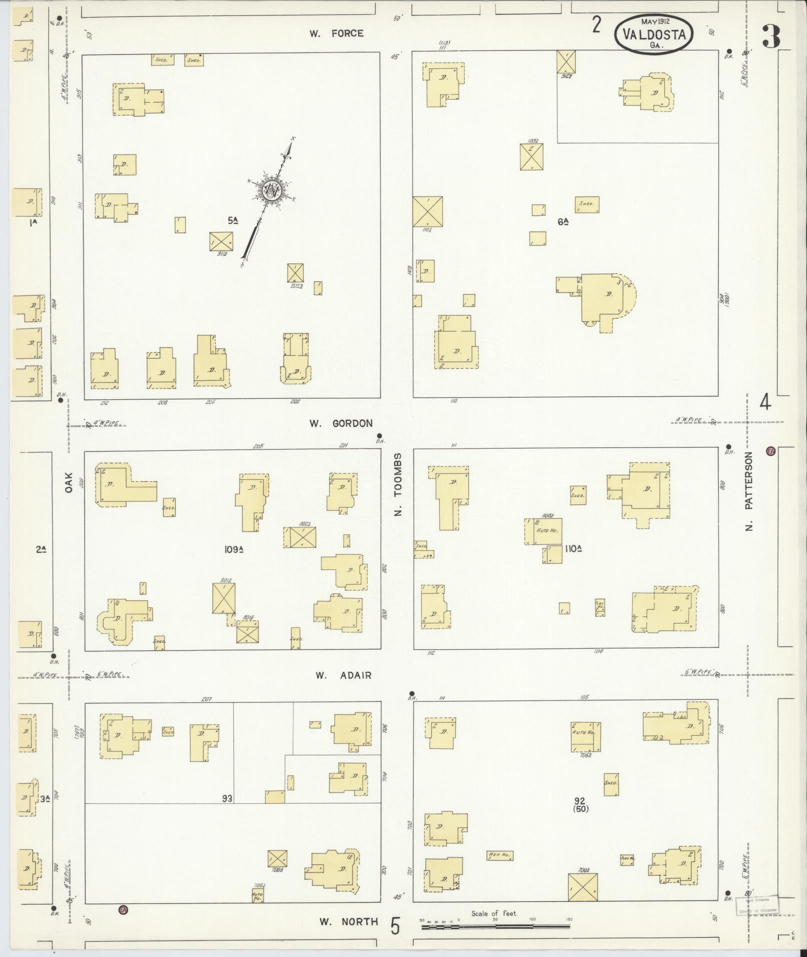 Sanborn Fire Insurance Map from Valdosta, Lowndes County, Georgia (1912), Sheet #0003 - Complete Map Set gallery image, historic Sanborn map, vintage wall art, Georgia Georgia