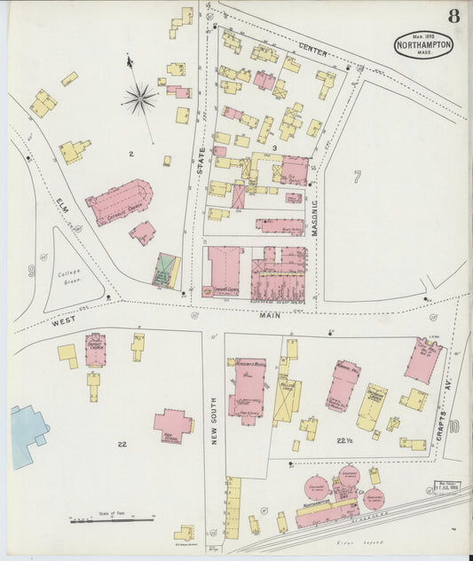 Sanborn Fire Insurance Map from Northampton, Hampshire County, Massachusetts (1895), Sheet #0008 - Historic Sanborn Fire Insurance Map Print, vintage old map wall art, antique decor, genealogy gift, Massachusetts Massachusetts map