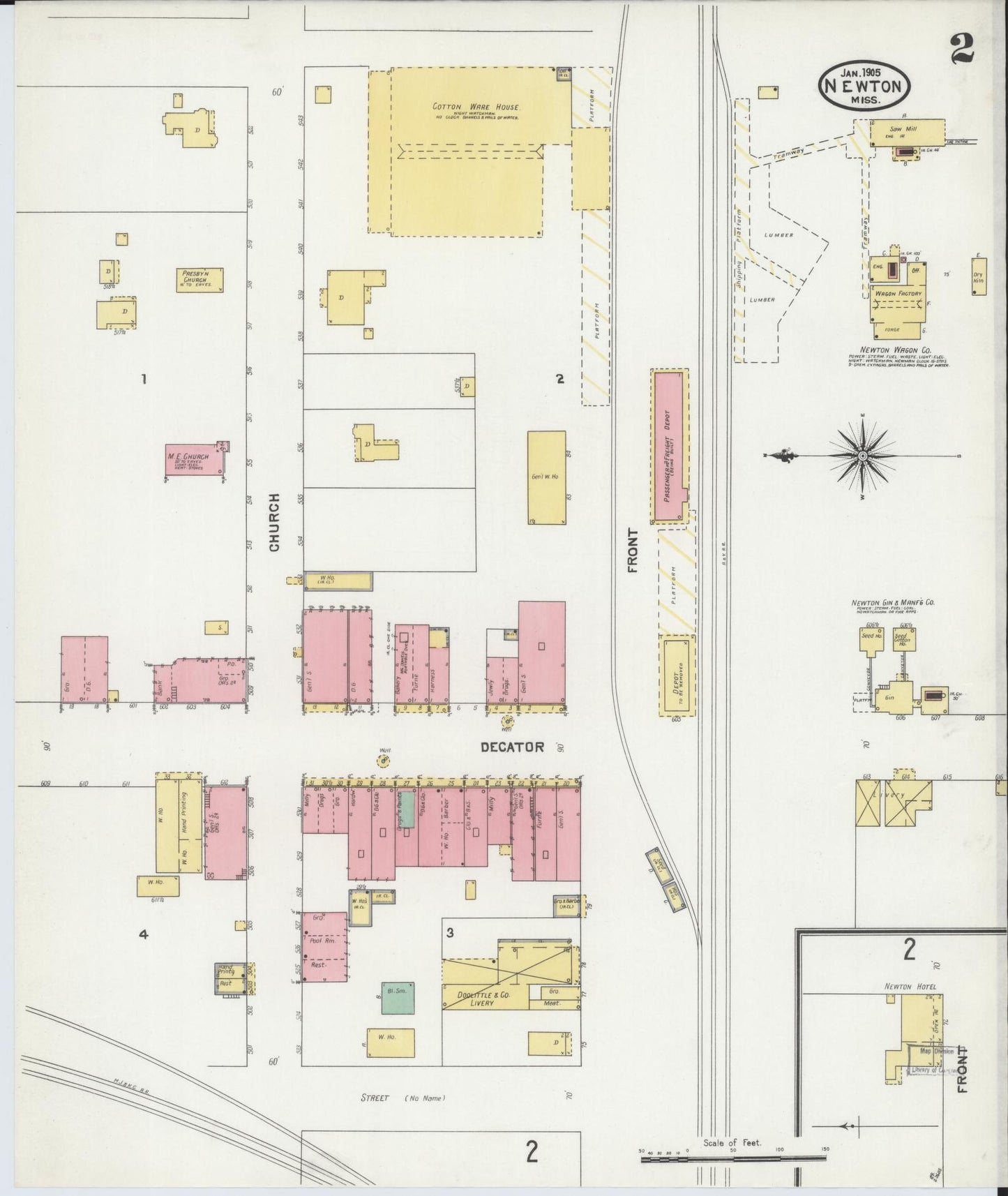 Sanborn Fire Insurance Map from Newton, Newton County, Mississippi (1905), Sheet #0002 - Complete Map Set gallery image, historic Sanborn map, vintage wall art, Mississippi Mississippi