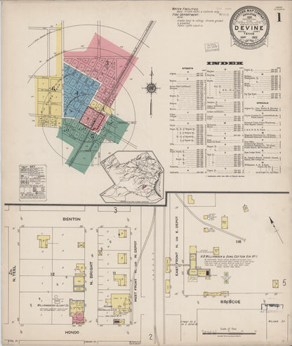 Sanborn Fire Insurance Map from Devine, Medina County, Texas (1922), Sheet #0001 - Historic Sanborn Fire Insurance Map Print, vintage old map wall art, antique decor, genealogy gift, Texas Texas map