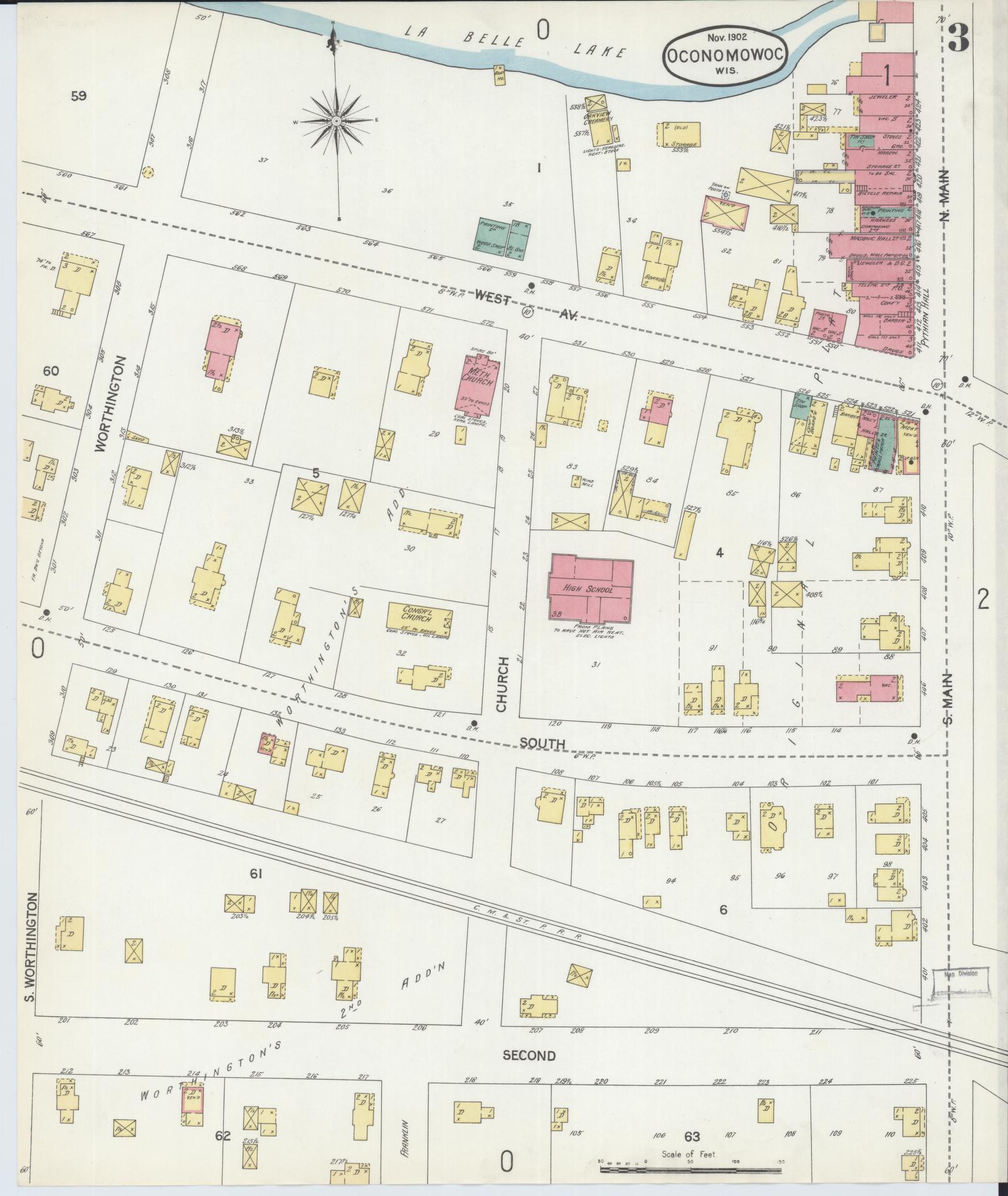 Sanborn Fire Insurance Map from Oconomowoc, Waukesha County, Wisconsin (1902), Sheet #0003 - Historic Sanborn Fire Insurance Map Print, vintage old map wall art, antique decor, genealogy gift, Wisconsin Wisconsin map