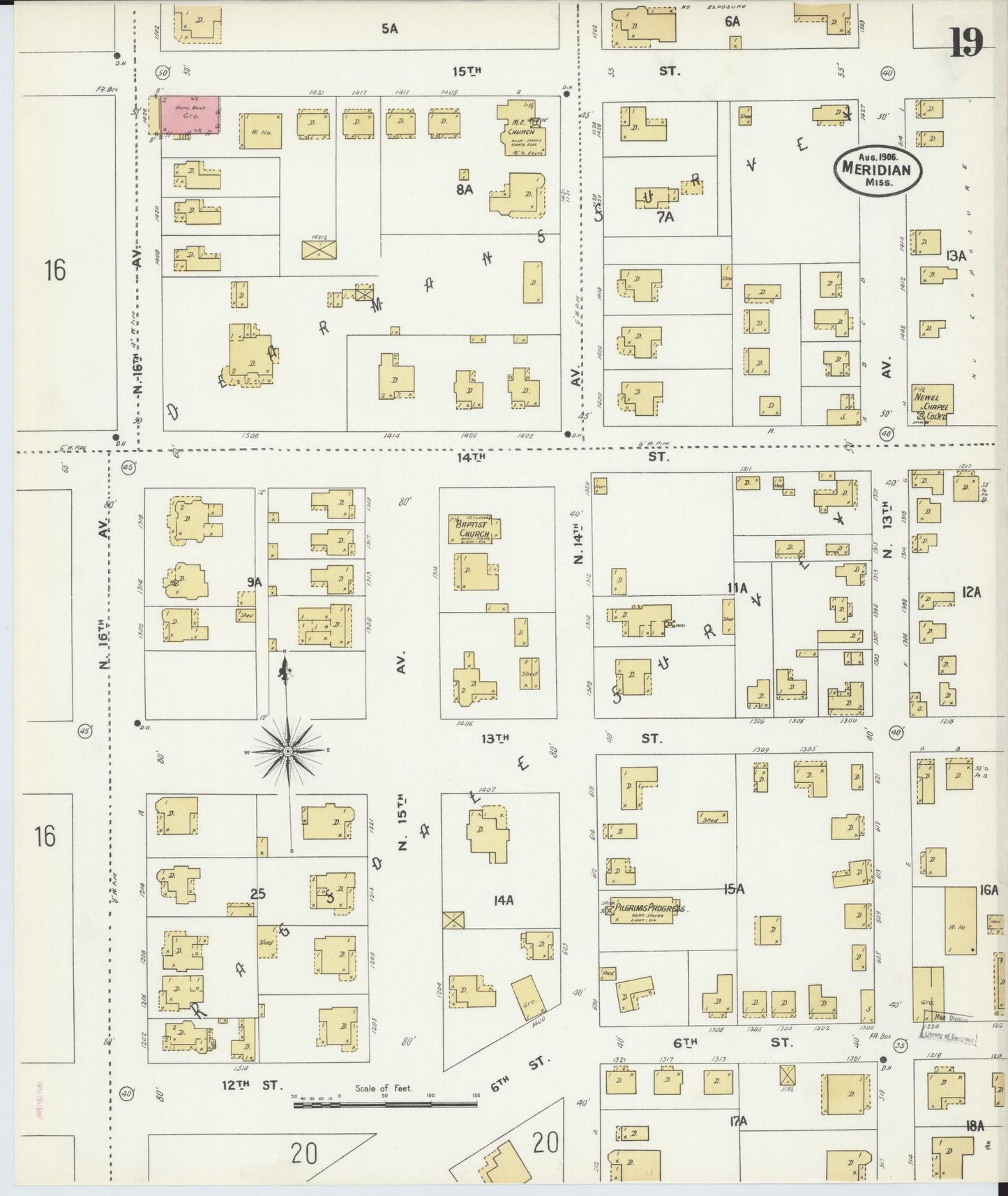 Sanborn Fire Insurance Map from Meridian, Lauderdale County, Mississippi (1906), Sheet #0019 - Complete Map Set gallery image, historic Sanborn map, vintage wall art, Mississippi Mississippi