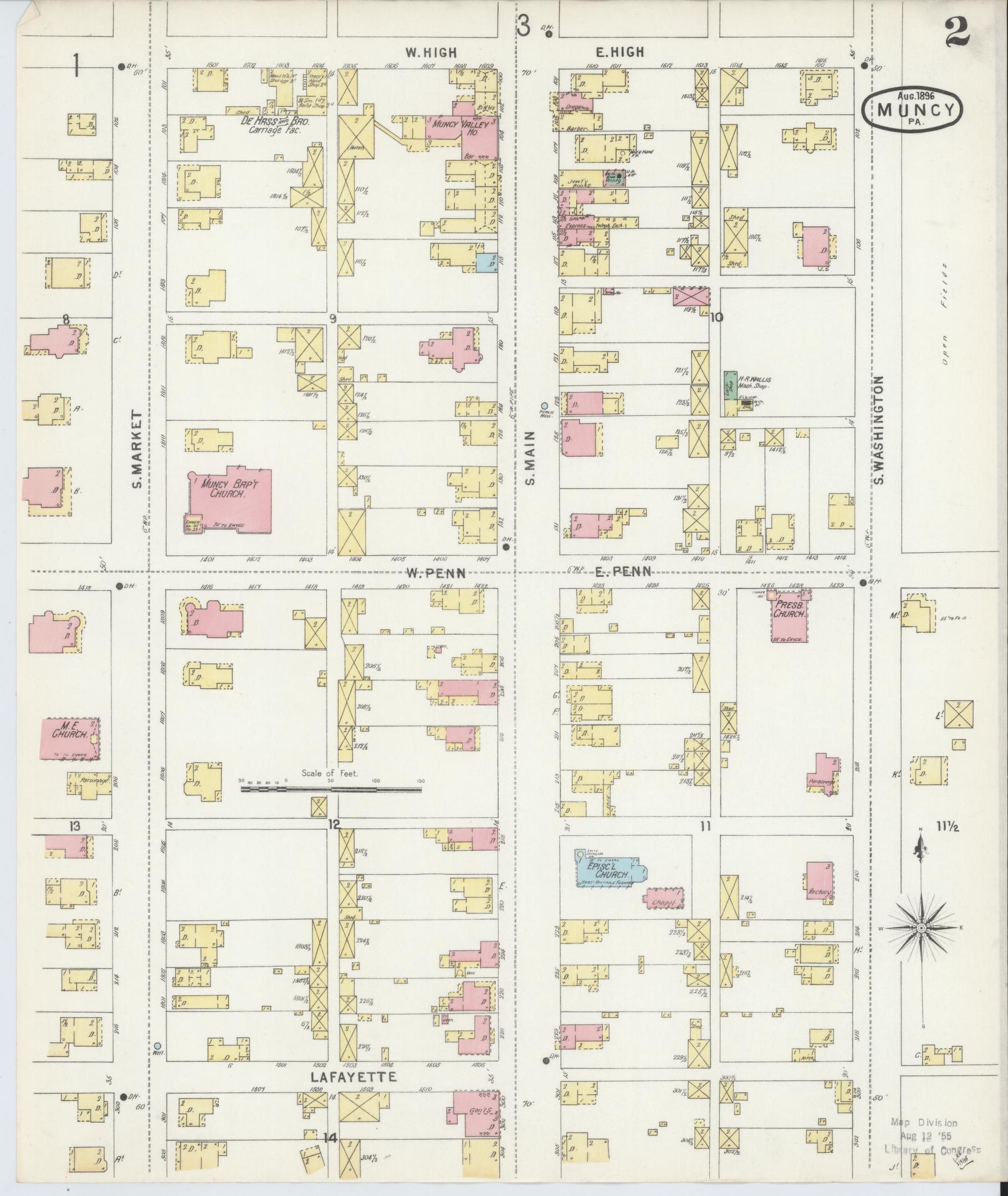 Sanborn Fire Insurance Map from Muncy, Lycoming County, Pennsylvania (1896), Sheet #0002 - Complete Map Set gallery image, historic Sanborn map, vintage wall art, Pennsylvania Pennsylvania