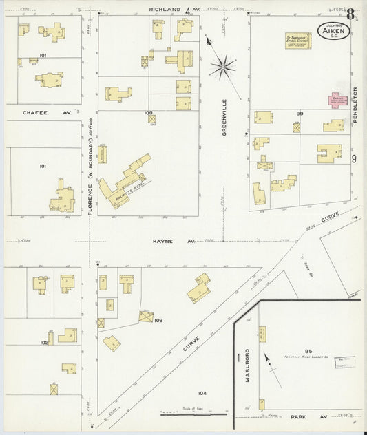 Sanborn Fire Insurance Map from Aiken, Aiken County, South Carolina (1909), Sheet #0008 - Historic Sanborn Fire Insurance Map Print, vintage old map wall art, antique decor, genealogy gift, South Carolina South Carolina map