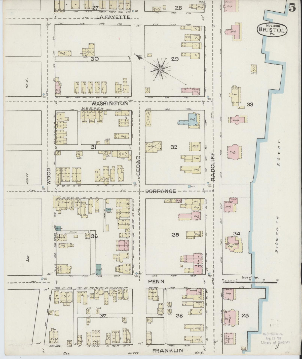 Sanborn Fire Insurance Map from Bristol, Bucks County, Pennsylvania (1886), Sheet #0005 - Complete Map Set gallery image, historic Sanborn map, vintage wall art, Pennsylvania Pennsylvania