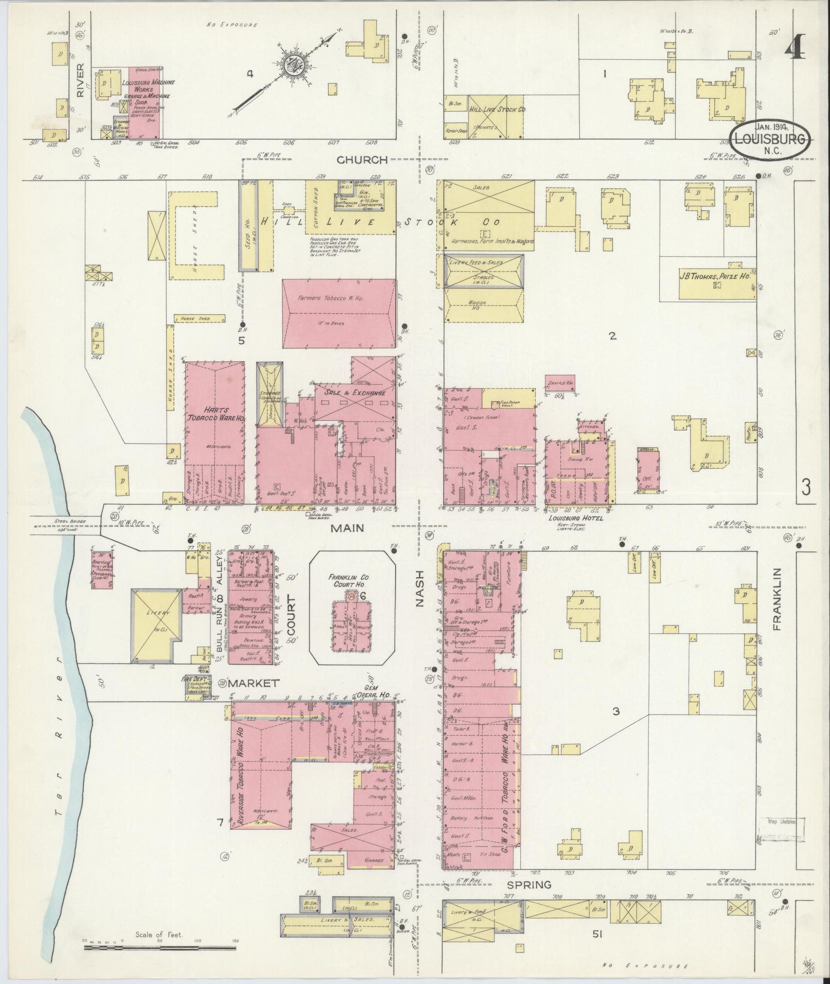 Sanborn Fire Insurance Map from Louisburg, Franklin County, North Carolina (1914), Sheet #0004 - Complete Map Set gallery image, historic Sanborn map, vintage wall art, North Carolina North Carolina