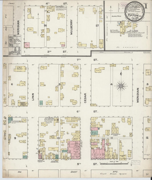 Sanborn Fire Insurance Map from Tipton, Cedar County, Iowa (1888), Sheet #0001 - Historic Sanborn Fire Insurance Map Print, vintage old map wall art