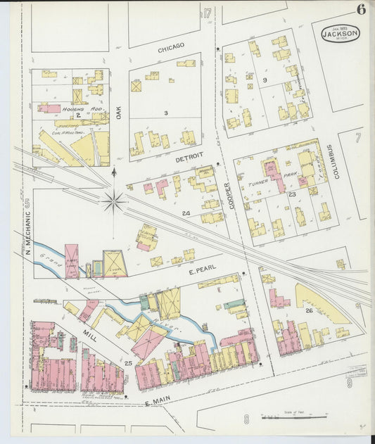 Sanborn Fire Insurance Map from Jackson, Jackson County, Michigan (1893), Sheet #0006 - Historic Sanborn Fire Insurance Map Print, vintage old map wall art, antique decor, genealogy gift, Michigan Michigan map