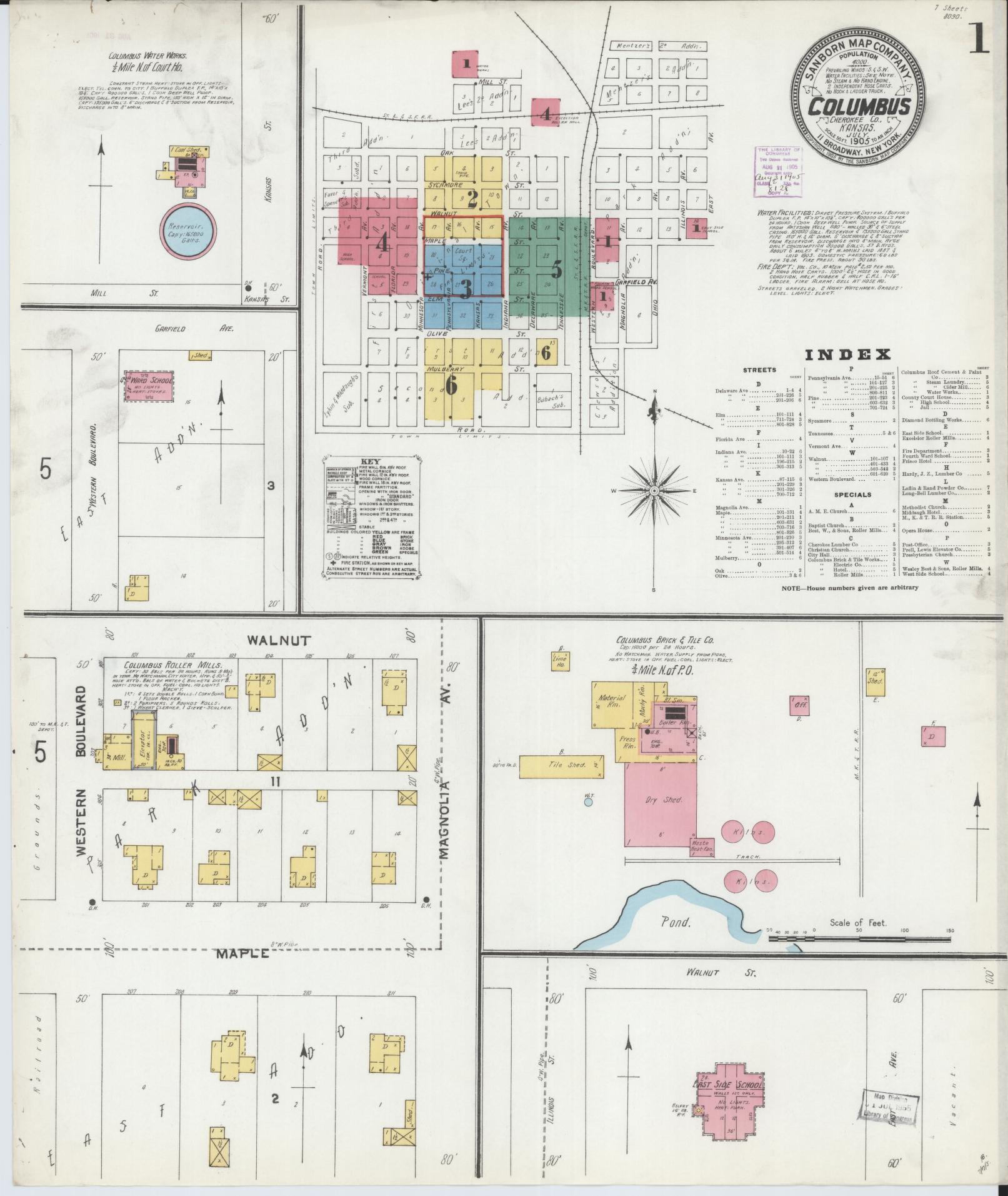 Sanborn Fire Insurance Map from Columbus, Cherokee County, Kansas (1905), Sheet #0001 - Complete Map Set gallery image, historic Sanborn map, vintage wall art, Kansas Kansas