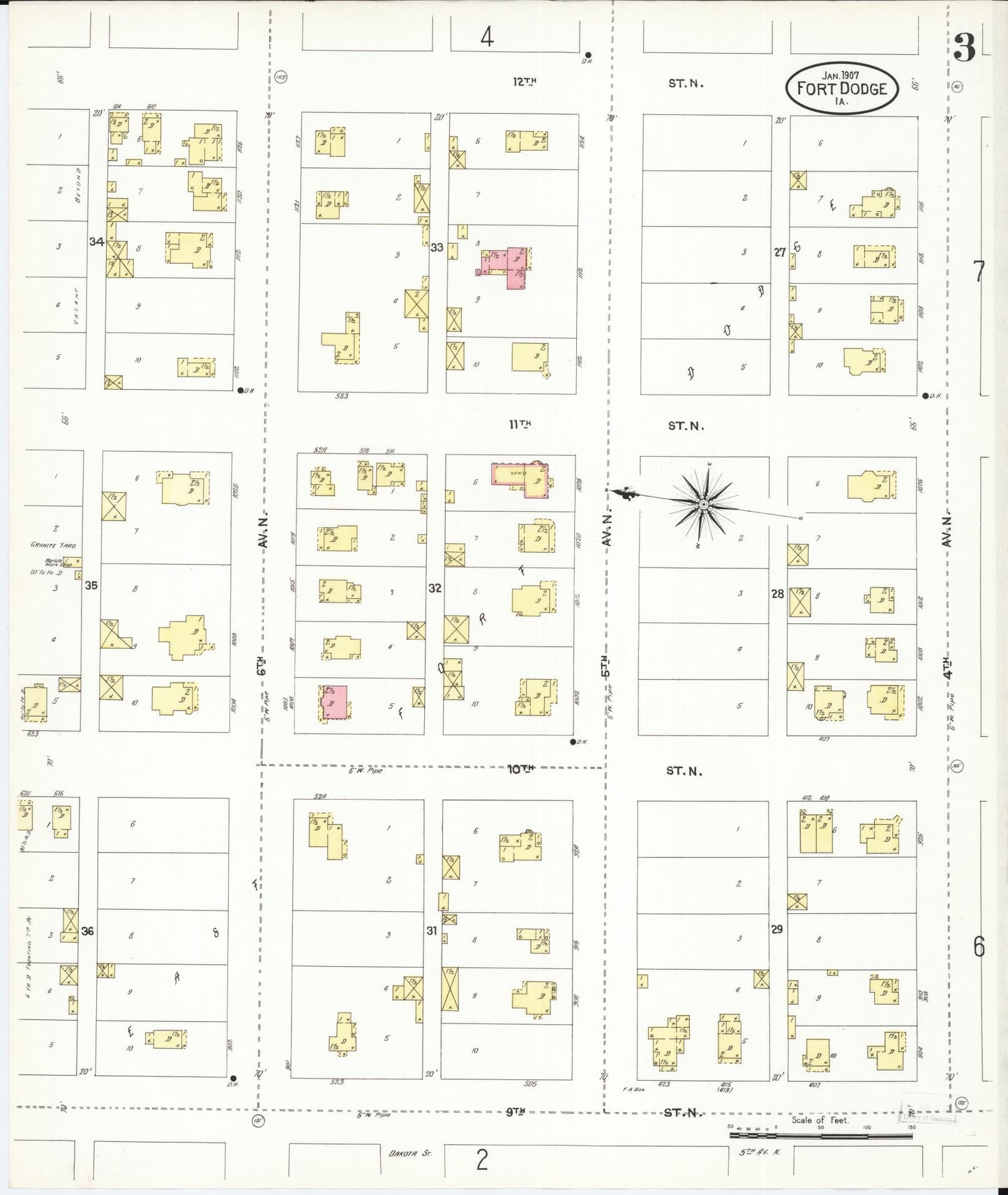 Sanborn Fire Insurance Map from Fort Dodge, Webster County, Iowa (1907), Sheet #0003 - Historic Sanborn Fire Insurance Map Print, vintage old map wall art